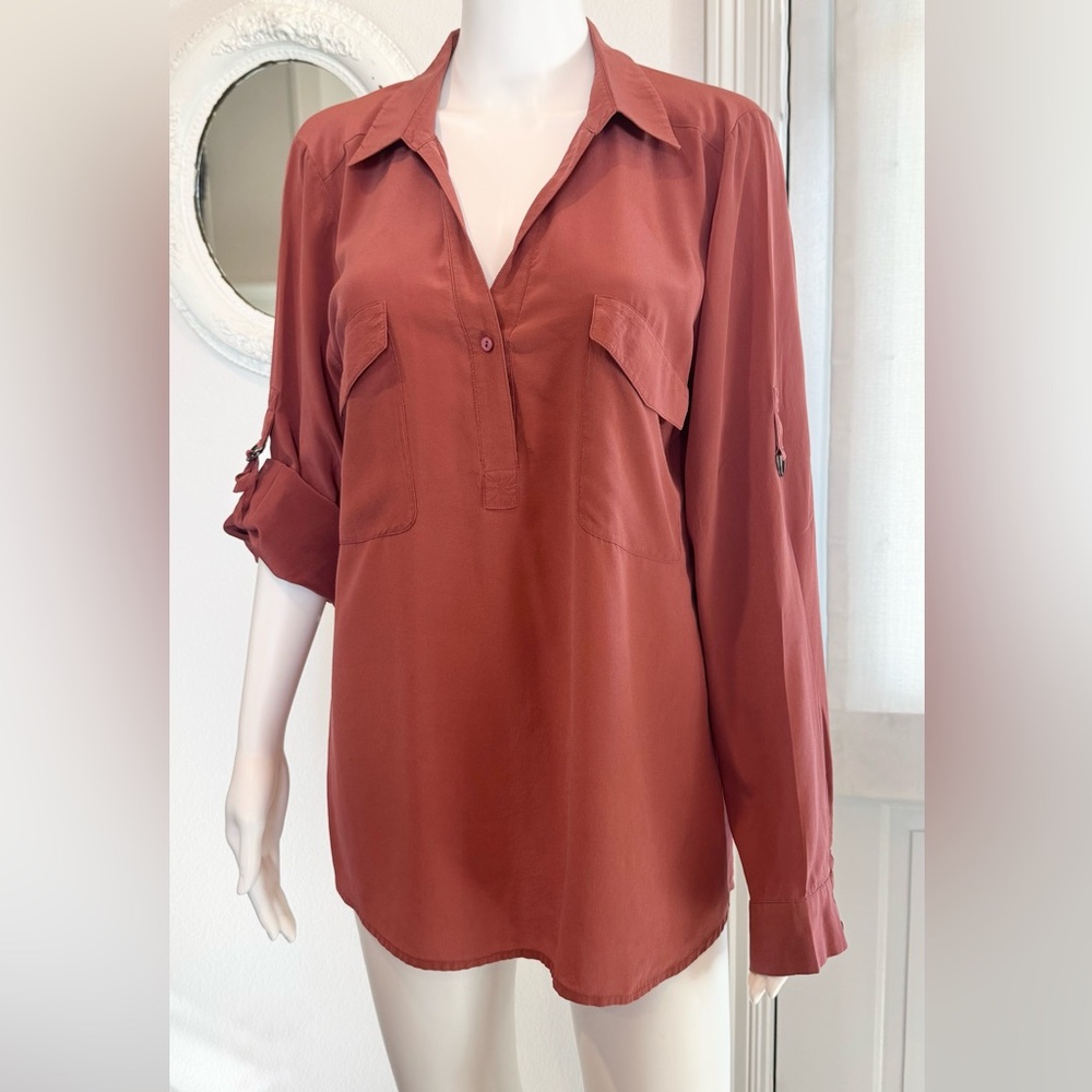 Eileen Fisher 100% Silk Rust Roll-Tab Long Sleeves Tunic M